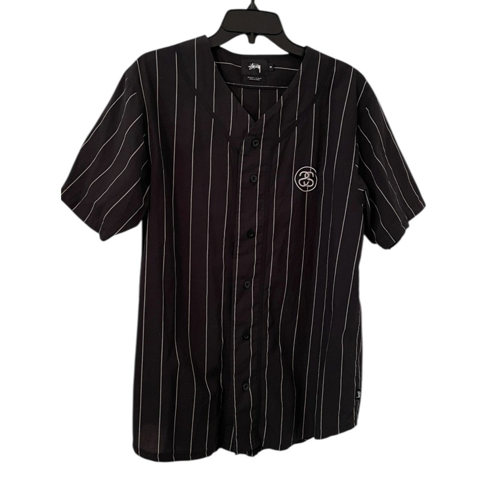 Stussy Men's Black White Pinstripe Poplin Button Down Baseball Jersey Top Size M
